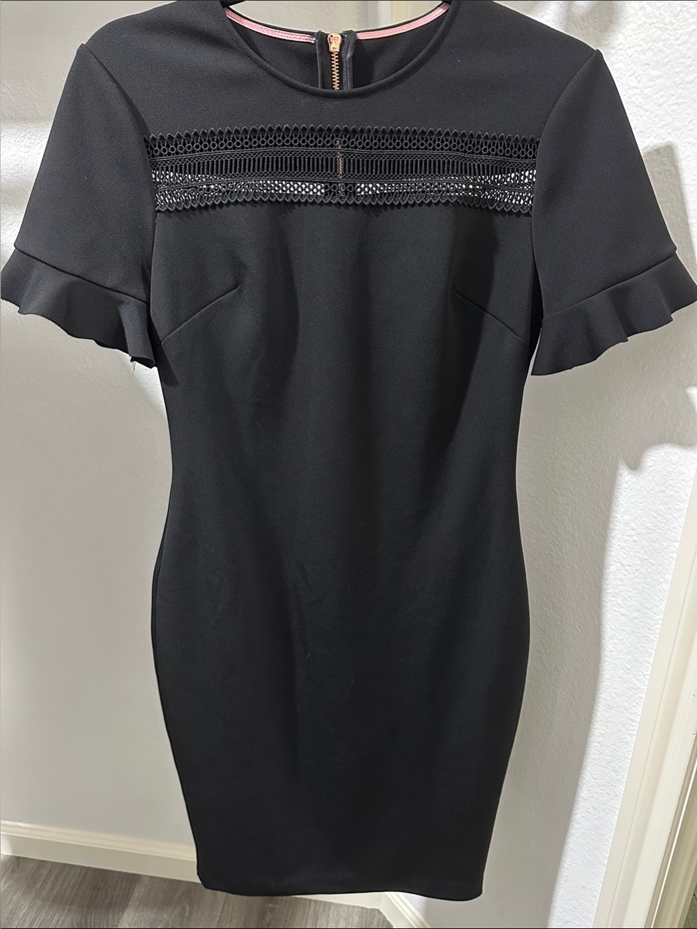 Ted Baker London Black Lace-Trim Ruffle Sleeve Mini Dress